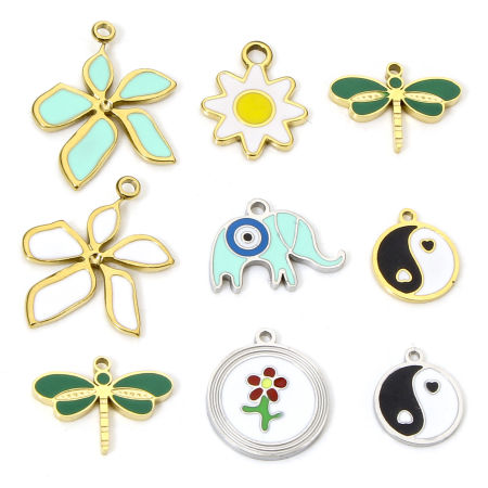 Picture of Eco-friendly Vacuum Plating 304 Stainless Steel Religious Charms Multicolor Round Yin Yang Symbol Enamel