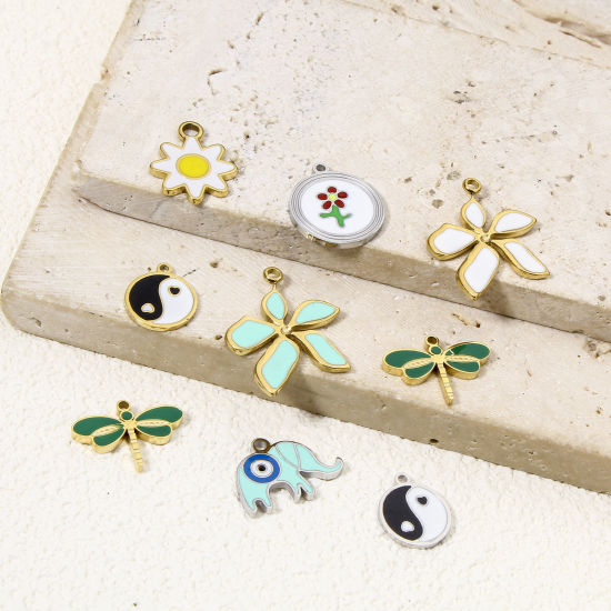 Immagine di 1 Pz Placcatura Sottovuoto Ecologica 304 Acciaio Inossidabile Religione Ciondoli Tondo Multicolore Yin Yang Simbolo Smalto