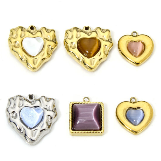 Image de Eco-friendly Vacuum Plating 304 Stainless Steel Stylish Charms Multicolor Heart Square Cat's Eye Imitation Multicolor Rhinestone