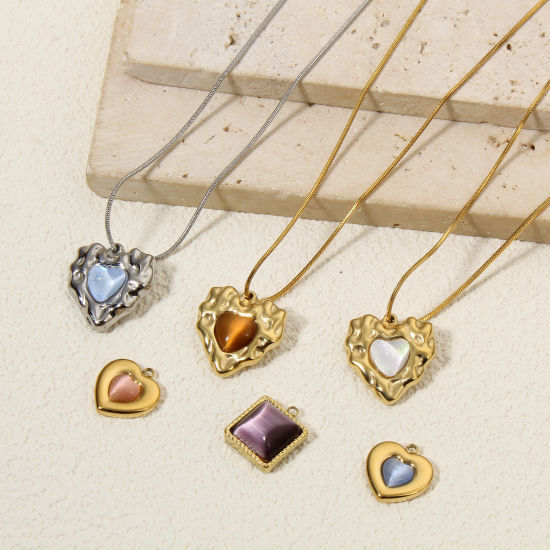Eco-friendly Vacuum Plating 304 Stainless Steel Stylish Charms Multicolor Heart Square Cat's Eye Imitation Multicolor Rhinestone の画像