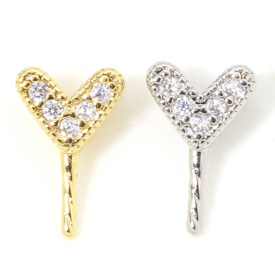 Picture of Eco-friendly Brass Valentine's Day Pearl Pendant Connector Bail Pin Cap Real Gold Plated Heart Clear Cubic Zirconia 10mm x 6.5mm, Needle Thickness: 0.9mm