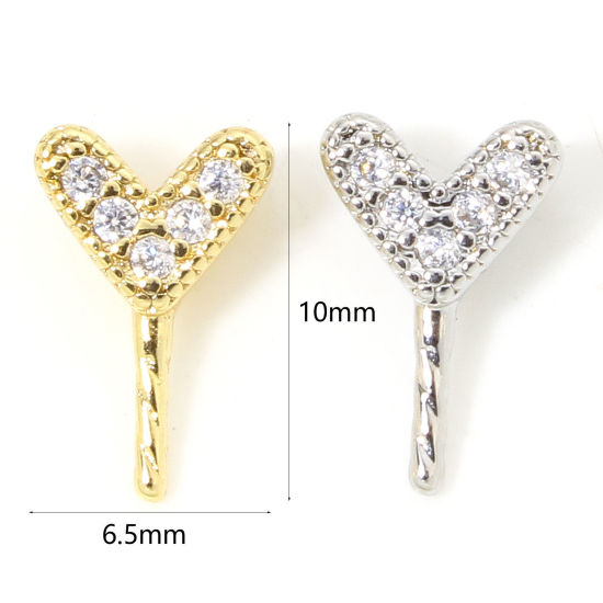 Picture of Eco-friendly Brass Valentine's Day Pearl Pendant Connector Bail Pin Cap Real Gold Plated Heart Clear Cubic Zirconia 10mm x 6.5mm, Needle Thickness: 0.9mm