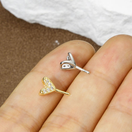 Picture of Eco-friendly Brass Valentine's Day Pearl Pendant Connector Bail Pin Cap Real Gold Plated Heart Clear Cubic Zirconia 10mm x 6.5mm, Needle Thickness: 0.9mm