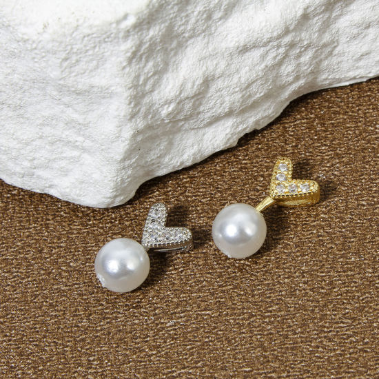 Picture of Eco-friendly Brass Valentine's Day Pearl Pendant Connector Bail Pin Cap Real Gold Plated Heart Clear Cubic Zirconia 10mm x 6.5mm, Needle Thickness: 0.9mm