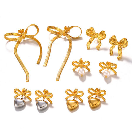 Eco-friendly Vacuum Plating Stylish Ins Style 18K Gold Plated 304 Stainless Steel Bowknot Heart Earrings For Women Party