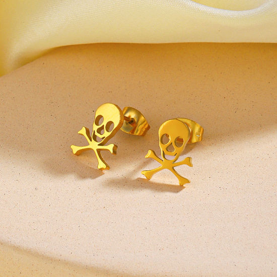 Immagine di 1 Paio Ecologico Stile Ins Halloween Placcato Oro 18K 304 Acciaio Inossidabile Scheletro Smorfia Filigrana Orecchini a Perno Unisex Halloween