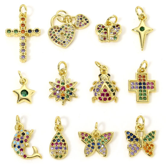 1 Piece Brass Charms 18K Gold Plated Butterfly Animal Cross Micro Pave Multicolour Cubic Zirconia の画像