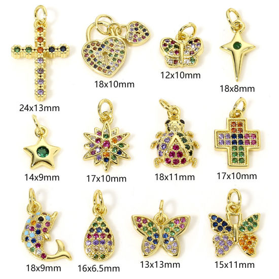 1 Piece Brass Charms 18K Gold Plated Butterfly Animal Cross Micro Pave Multicolour Cubic Zirconia の画像