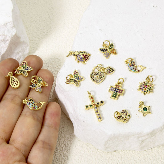 1 Piece Brass Charms 18K Gold Plated Butterfly Animal Cross Micro Pave Multicolour Cubic Zirconia の画像