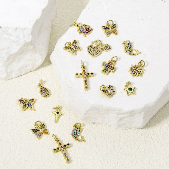 1 Piece Brass Charms 18K Gold Plated Butterfly Animal Cross Micro Pave Multicolour Cubic Zirconia の画像