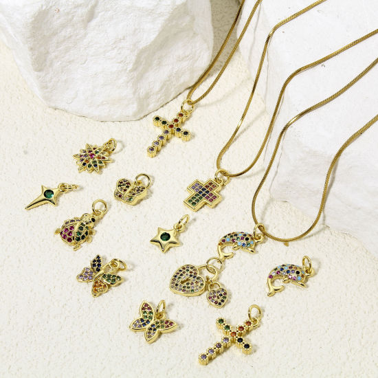 1 Piece Brass Charms 18K Gold Plated Butterfly Animal Cross Micro Pave Multicolour Cubic Zirconia の画像