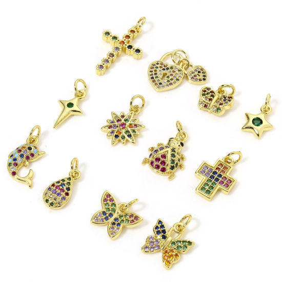 1 Piece Brass Charms 18K Gold Plated Butterfly Animal Cross Micro Pave Multicolour Cubic Zirconia の画像