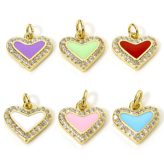 Immagine di 1 Pz Ottone San Valentino Ciondoli Cuore Placcato Oro 18K Multicolore Smalto Trasparente Cubic Zirconiae 14.5mm x 12mm
