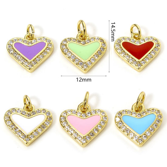 Immagine di 1 Pz Ottone San Valentino Ciondoli Cuore Placcato Oro 18K Multicolore Smalto Trasparente Cubic Zirconiae 14.5mm x 12mm