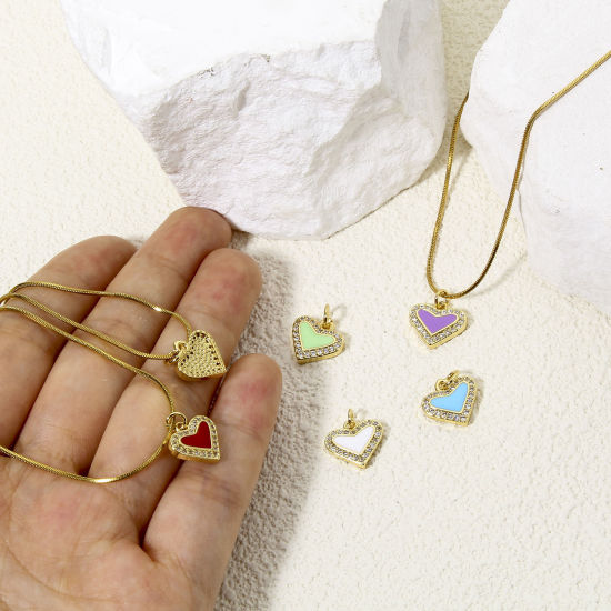 Immagine di 1 Pz Ottone San Valentino Ciondoli Cuore Placcato Oro 18K Multicolore Smalto Trasparente Cubic Zirconiae 14.5mm x 12mm
