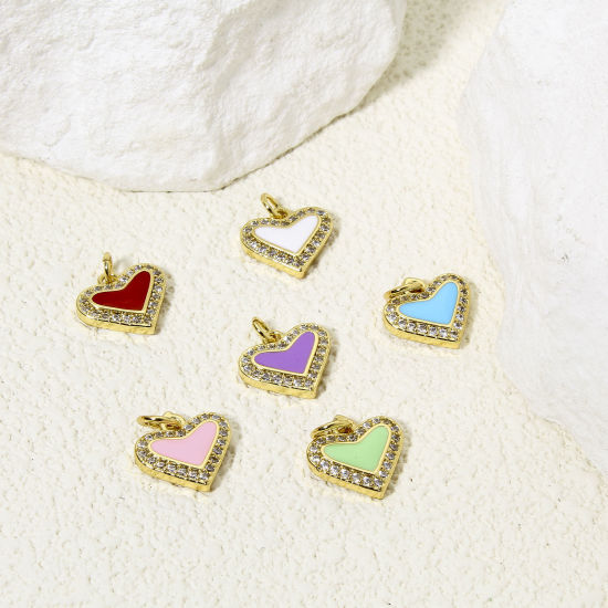 Immagine di 1 Pz Ottone San Valentino Ciondoli Cuore Placcato Oro 18K Multicolore Smalto Trasparente Cubic Zirconiae 14.5mm x 12mm