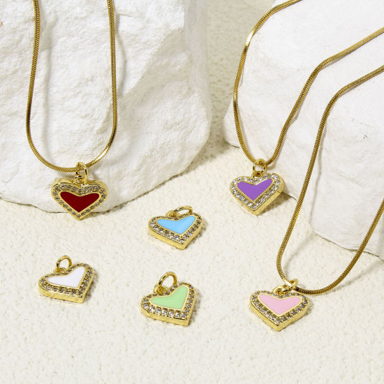 Immagine di 1 Pz Ottone San Valentino Ciondoli Cuore Placcato Oro 18K Multicolore Smalto Trasparente Cubic Zirconiae 14.5mm x 12mm
