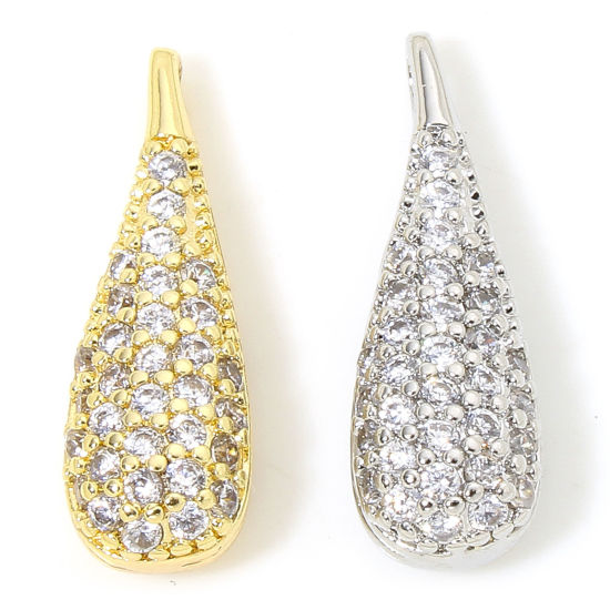 Image de 1 Pièce Breloques Micro Pave en Laiton Respectueux de la Nature Goutte d'Eau Plaqué Or Véritable 3D à Zircone Cubique Clair 18mm x 6mm