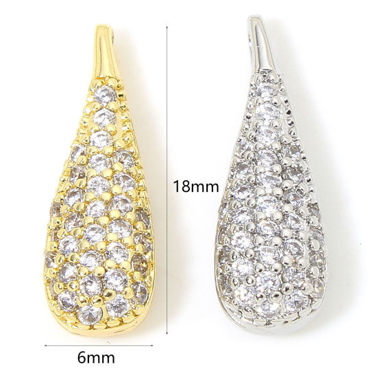 Image de 1 Pièce Breloques Micro Pave en Laiton Respectueux de la Nature Goutte d'Eau Plaqué Or Véritable 3D à Zircone Cubique Clair 18mm x 6mm