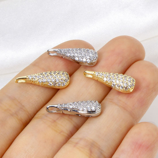 Image de 1 Pièce Breloques Micro Pave en Laiton Respectueux de la Nature Goutte d'Eau Plaqué Or Véritable 3D à Zircone Cubique Clair 18mm x 6mm