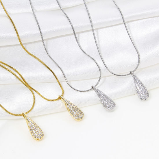Image de 1 Pièce Breloques Micro Pave en Laiton Respectueux de la Nature Goutte d'Eau Plaqué Or Véritable 3D à Zircone Cubique Clair 18mm x 6mm