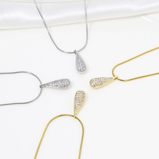 Image de 1 Pièce Breloques Micro Pave en Laiton Respectueux de la Nature Goutte d'Eau Plaqué Or Véritable 3D à Zircone Cubique Clair 18mm x 6mm