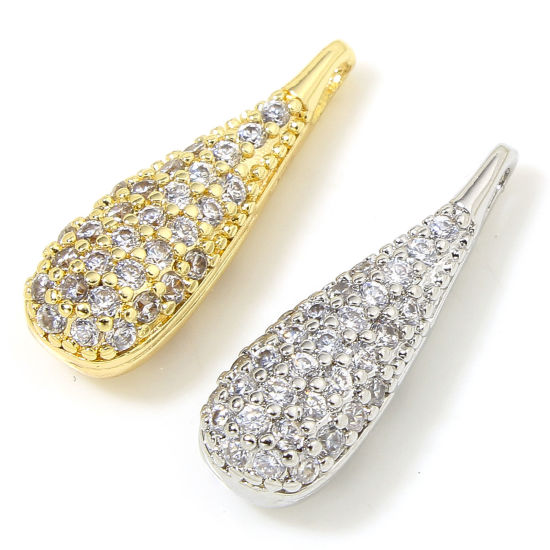 Image de 1 Pièce Breloques Micro Pave en Laiton Respectueux de la Nature Goutte d'Eau Plaqué Or Véritable 3D à Zircone Cubique Clair 18mm x 6mm