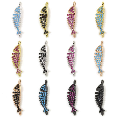Image de 1 Pièce Connecteurs Pendentifs Breloques Bijoux d'Océan en Laiton Respectueux de la Nature Poisson Plaqué Or Véritable Micro Pave 23.5mm x 6mm