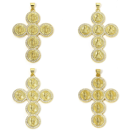 Picture of Eco-friendly Brass Religious Pendants 18K Real Gold Plated Cross Micro Pave Clear Cubic Zirconia 5cm x 3.2cm
