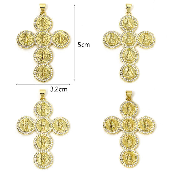 Picture of Eco-friendly Brass Religious Pendants 18K Real Gold Plated Cross Micro Pave Clear Cubic Zirconia 5cm x 3.2cm