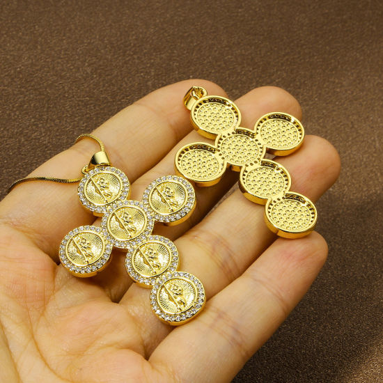 Picture of Eco-friendly Brass Religious Pendants 18K Real Gold Plated Cross Micro Pave Clear Cubic Zirconia 5cm x 3.2cm
