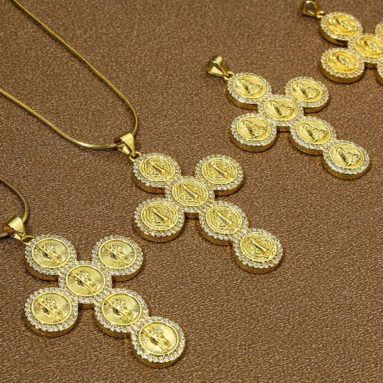 Picture of Eco-friendly Brass Religious Pendants 18K Real Gold Plated Cross Micro Pave Clear Cubic Zirconia 5cm x 3.2cm