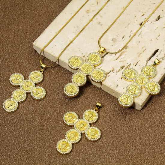 Picture of Eco-friendly Brass Religious Pendants 18K Real Gold Plated Cross Micro Pave Clear Cubic Zirconia 5cm x 3.2cm