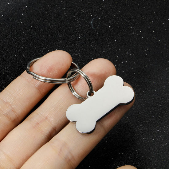 Picture of 304 Stainless Steel Pet ID Dog Collar Name Tag Blank Stamping Tags Keychain & Keyring Silver Tone Bone Mirror Polishing