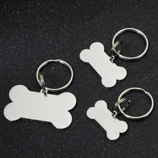 Picture of 304 Stainless Steel Pet ID Dog Collar Name Tag Blank Stamping Tags Keychain & Keyring Silver Tone Bone Mirror Polishing