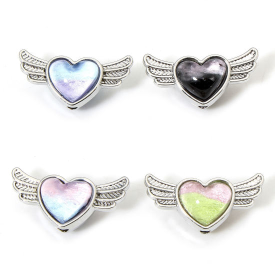 Imagen de 5 Unidades Zamak día de San Valentín Cuentas para la Fabricación de Joyas con Dijes de Bricolaje Tono de Plata Corazón Ala Con Cabochons de cristal Aprox 21mm x 10.5mm, Agujero: Aprox 1.6mm