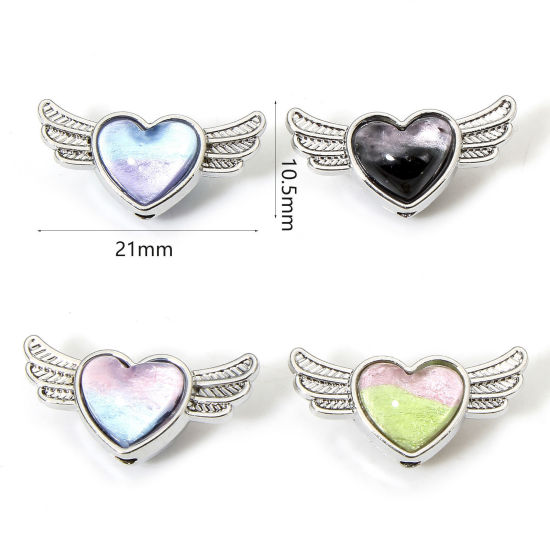 Imagen de 5 Unidades Zamak día de San Valentín Cuentas para la Fabricación de Joyas con Dijes de Bricolaje Tono de Plata Corazón Ala Con Cabochons de cristal Aprox 21mm x 10.5mm, Agujero: Aprox 1.6mm