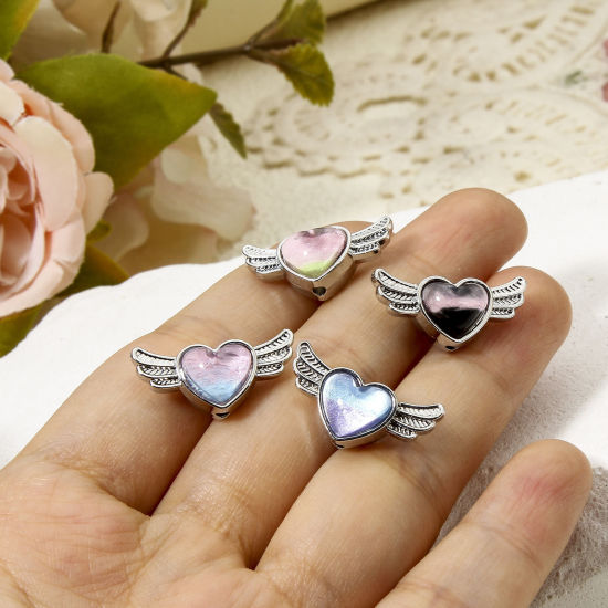 Imagen de 5 Unidades Zamak día de San Valentín Cuentas para la Fabricación de Joyas con Dijes de Bricolaje Tono de Plata Corazón Ala Con Cabochons de cristal Aprox 21mm x 10.5mm, Agujero: Aprox 1.6mm