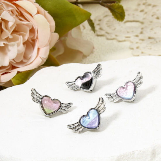 Imagen de 5 Unidades Zamak día de San Valentín Cuentas para la Fabricación de Joyas con Dijes de Bricolaje Tono de Plata Corazón Ala Con Cabochons de cristal Aprox 21mm x 10.5mm, Agujero: Aprox 1.6mm