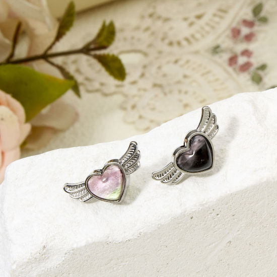 Imagen de 5 Unidades Zamak día de San Valentín Cuentas para la Fabricación de Joyas con Dijes de Bricolaje Tono de Plata Corazón Ala Con Cabochons de cristal Aprox 21mm x 10.5mm, Agujero: Aprox 1.6mm