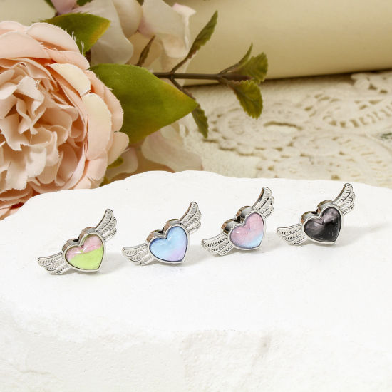Imagen de 5 Unidades Zamak día de San Valentín Cuentas para la Fabricación de Joyas con Dijes de Bricolaje Tono de Plata Corazón Ala Con Cabochons de cristal Aprox 21mm x 10.5mm, Agujero: Aprox 1.6mm