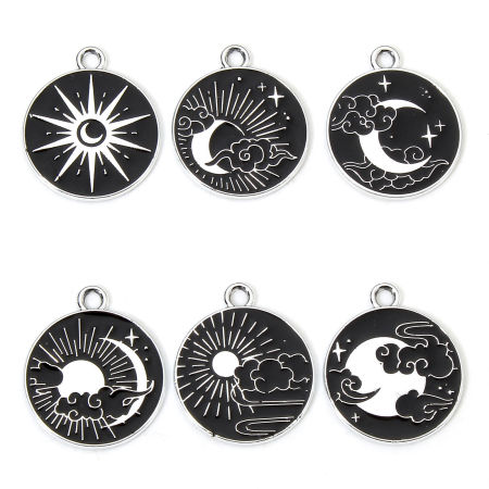 Bild von 10 Stück Zinklegierung Galaxis Charms Silberfarbe Schwarz & Weiß Sonne Mond Emaille 22mm x 19mm