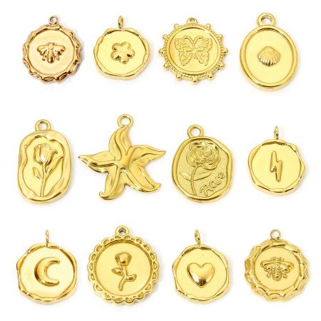 Vacuum Plating 304 Stainless Steel Stylish Charms Gold Plated Round Moon