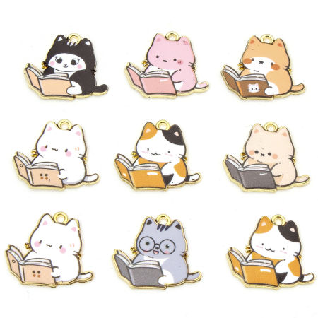 Zinc Based Alloy Charms Gold Plated Multicolor Book Cat Enamel 25mm x 22mm