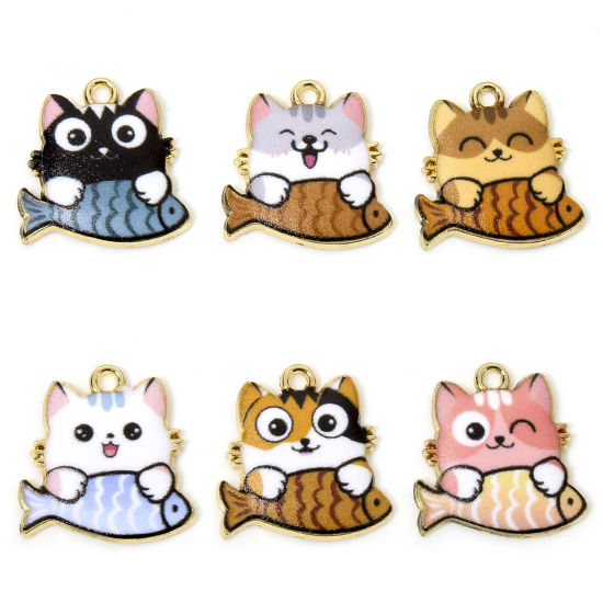 10 PCs Zinc Based Alloy Charms Gold Plated Multicolor Cat Animal Fish Animal Enamel 18mm x 18mm の画像