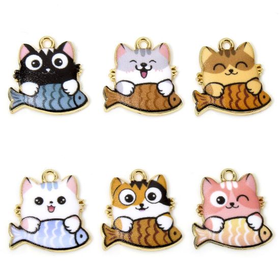 Picture of Zinc Based Alloy Charms Gold Plated Multicolor Cat Animal Fish Animal Enamel 18mm x 18mm