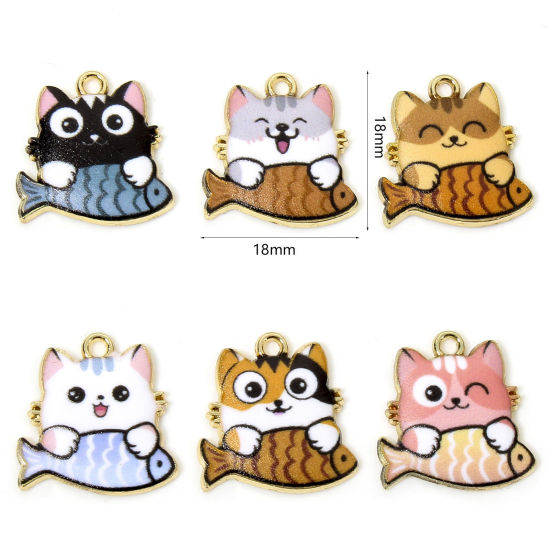 Picture of Zinc Based Alloy Charms Gold Plated Multicolor Cat Animal Fish Animal Enamel 18mm x 18mm