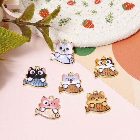 10 PCs Zinc Based Alloy Charms Gold Plated Multicolor Cat Animal Fish Animal Enamel 18mm x 18mm の画像