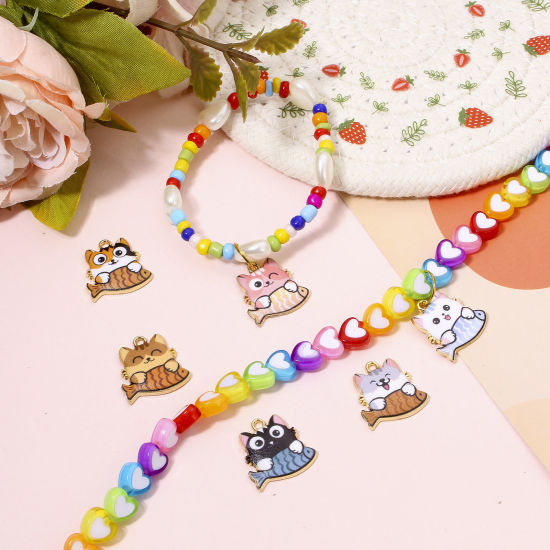 Picture of Zinc Based Alloy Charms Gold Plated Multicolor Cat Animal Fish Animal Enamel 18mm x 18mm