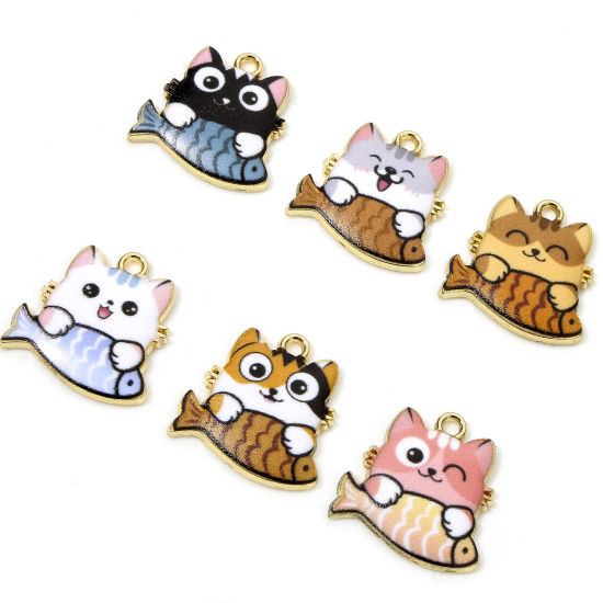 Picture of Zinc Based Alloy Charms Gold Plated Multicolor Cat Animal Fish Animal Enamel 18mm x 18mm